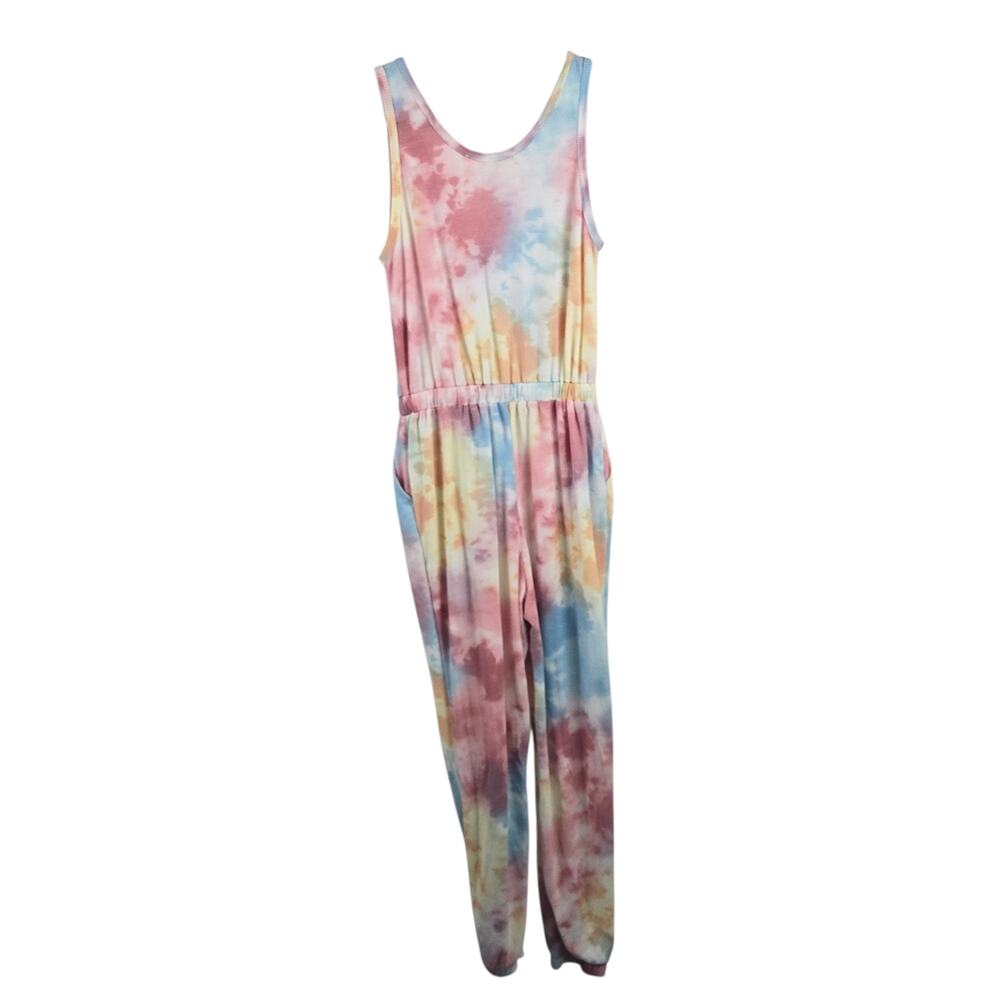 Three Bird Nest Tie Dye Waffle Knit Sleeveless Jumpsuit Pastel Medium - Picture 2 of 10